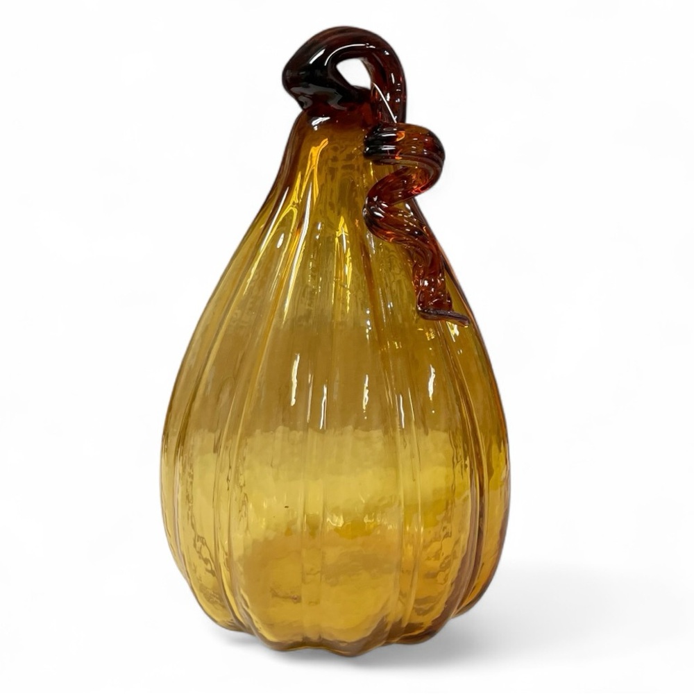 Hand Blown Artisan Crafted Amber Glass Pumpkin Gourd Thanksgiving Fall Decor 11”
